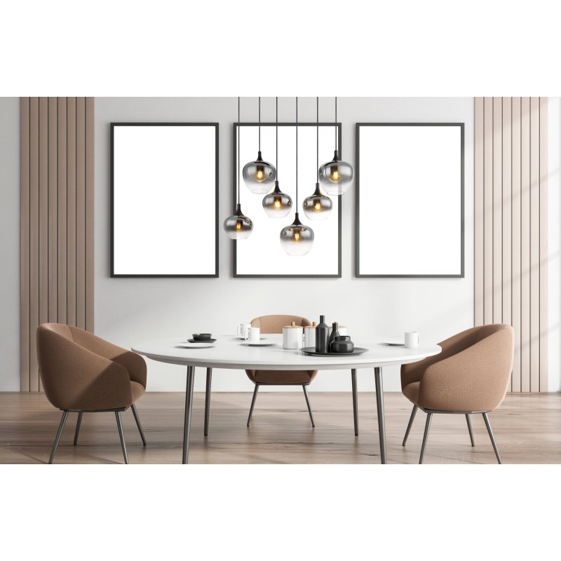 maxy-15548-6h-g27941-6 Corp de iluminat cu suspensie metal negru mat, sticlă fumurie, cablu textil negru, L x l x I: 860x420x1200mm, diametru sticlă: 3x18 și 3x24 cm, fără becuri 6x E27 40W 230V - imagine 1