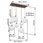 Lampă suspendată din metal de culoare cafea, sticlă alb, cablu textil negru, 2 pahare diferite, L x l x I: 860x420x1200mm, sticlă-ø: 3 x 18 cm și 24 cm fiecare, fără 6x E27 40W 230V - imagine 6