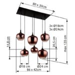Lampă suspendată din metal negru mat, metal negru-cromat, sticlă de culoare cupru, gradient transparent, cablu textil negru, LxLxA: 860x420x1200mm, diametrul sticlei: 3 x 18 cm și 24 cm fiecare, fără 6x E27 40W 230V - imagine 6