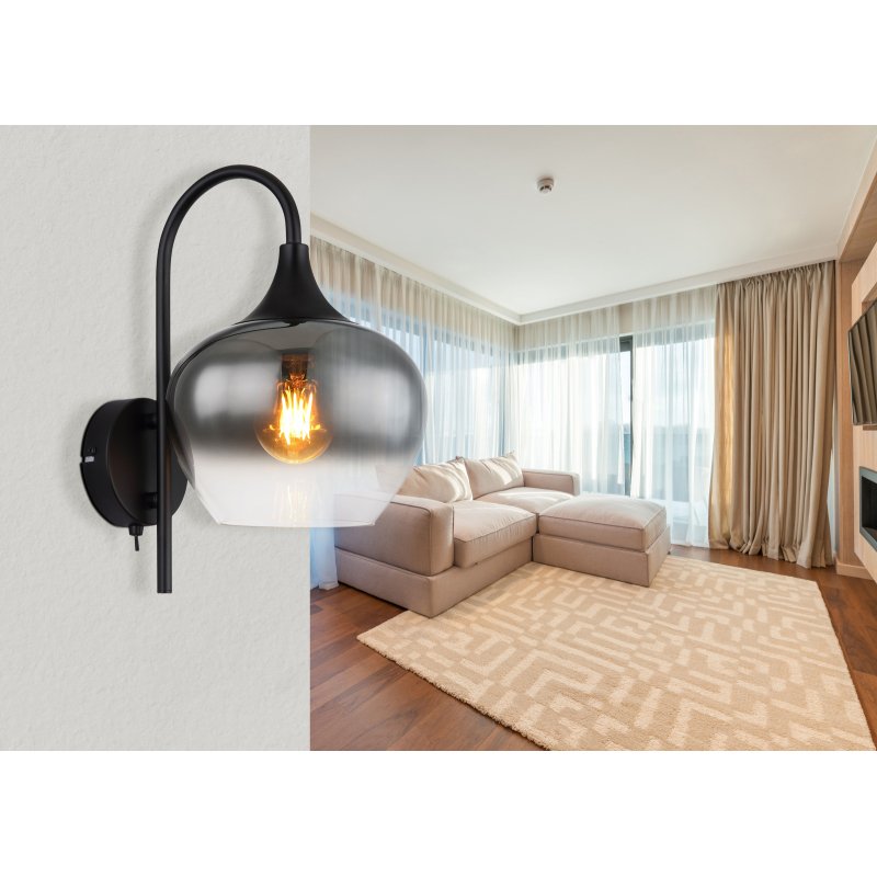 maxy-15548w-g28277-5 Lampă de perete metal negru mat, sticlă fumurie, comutator pe articol, direcția luminii: în jos, l x I x A: 180x320x250mm, fără 1x E27 40W 230V - imagine 1