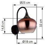 Aplică metal negru mat, metal negru-cromat, sticlă de culoarea cuprului, gradient clar, întrerupător pe articol, direcția luminii: în jos, LxA: 180x320mm, AL: 250mm, fără 1x E27 40W 230V - imagine 5