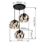 Lampa suspendata metal negru mat, metal auriu, patină neagră, cristale acrilice transparente, cablu PVC negru, ø: 410mm, H: 1500mm, excl. 3x E27 40W 230V - imagine 6