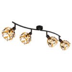 Plafoniera din metal negru mat, metal auriu, patină neagră, cristale acrilice transparente, pivotant/inclinabil, LxLxA: 700x120x155mm, excl. 4x E14 25W 230V