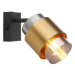 Spotlight metal negru mat, sticlă fumurie, inel de alamă, întrerupător pe articol,  l x I x A: 100x170x145mm, excl. 1x E27 40W 230V