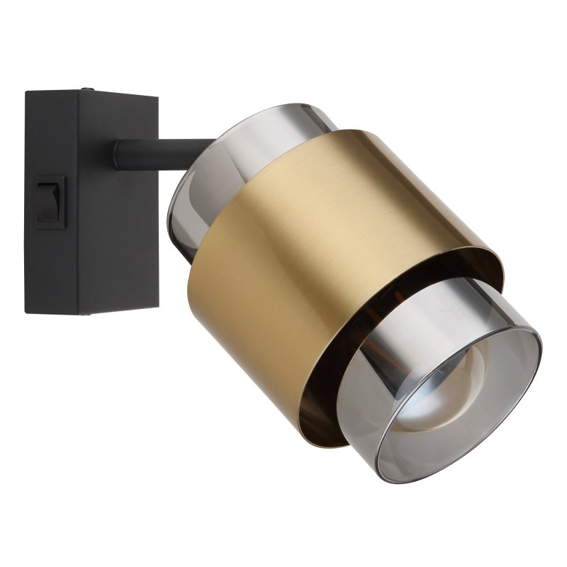 milley-15560-1-g28097-4 Spotlight metal negru mat, sticlă fumurie, inel de alamă, întrerupător pe articol, l x I x A: 100x170x145mm, excl. 1x E27 40W 230V - imagine 1