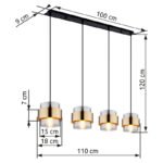 Suspensie metal negru mat, sticlă, inel de alamă, LxLxA: 1110x180x1200mm, excl 4x E27 60W 230V - imagine 6