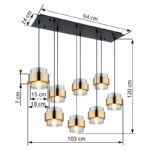 Suspensie metal negru mat, sticlă, inel de alamă, LxLxA: 1030x315x1200mm, excl 8x E27 60W 230V - imagine 6