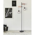 Lampadar, metal negru, lemn natural, întrerupător, LxLxH: 470x250x1680, excl. 2xE27 40W 230V