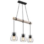 Lampă suspendată din metal negru mat, lemn de culoare naturală, tije metalice negru mat, cablu de înfășurat, LxLxA: 500x140x1400mm, fără 3x E27 40W 230V