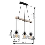 Lampă suspendată din metal negru mat, lemn de culoare naturală, tije metalice negru mat, cablu de înfășurat, LxLxA: 500x140x1400mm, fără 3x E27 40W 230V - imagine 6