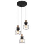 Lampă suspendată metal negru mat, lemn maro închis, tije metalice negru mat, cablu textil negru, înălțime reglabilă, ø: 355mm, H: 1200mm, excl. 3x E27 40W 230V