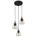 Lampă suspendată metal negru mat, lemn maro închis, tije metalice negru mat, cablu textil negru, înălțime reglabilă, ø: 355mm, H: 1200mm, excl. 3x E27 40W 230V - imagine 3