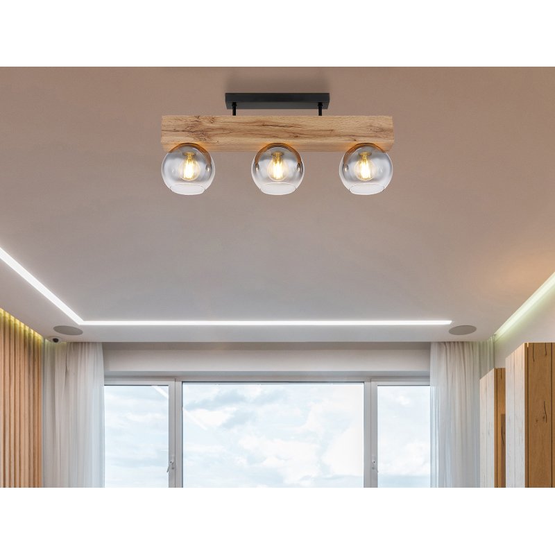 moitas-15656-3d-g27594-6 Plafonieră metal negru mat, MDF, reproducere lemn închis, sticlă fumurie, L x l x I: 650x150x280mm, fără becuri 3xE27 40W 230V - imagine 1
