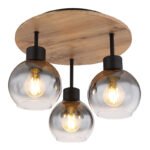 Plafonieră metal negru mat, MDF, imitație de lemn închis, sticlă fumurie, ø: 380mm, I: 300mm, fără becuri 3xE27 40W 230V