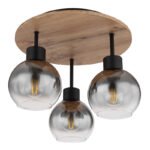 Plafonieră metal negru mat, MDF, imitație de lemn închis, sticlă fumurie, ø: 380mm, I: 300mm, fără becuri 3xE27 40W 230V - imagine 4