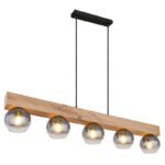 Lampă suspendată metal negru mat, MDF lemn optic închis, sticlă fumurie, transparentă, cablu textil negru, înălțime reglabilă (lampă suspendată), L x l x I: 1150x150x1200mm, fără 5x E27 40W 230V