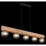 Lampă suspendată metal negru mat, MDF lemn optic închis, sticlă fumurie, transparentă, cablu textil negru, înălțime reglabilă (lampă suspendată), L x l x I: 1150x150x1200mm, fără 5x E27 40W 230V - imagine 3