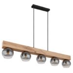 Lampă suspendată metal negru mat, MDF lemn optic închis, sticlă fumurie, transparentă, cablu textil negru, înălțime reglabilă (lampă suspendată), L x l x I: 1150x150x1200mm, fără 5x E27 40W 230V - imagine 4