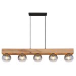 Lampă suspendată metal negru mat, MDF lemn optic închis, sticlă fumurie, transparentă, cablu textil negru, înălțime reglabilă (lampă suspendată), L x l x I: 1150x150x1200mm, fără 5x E27 40W 230V - imagine 5
