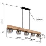 Lampă suspendată metal negru mat, MDF lemn optic închis, sticlă fumurie, transparentă, cablu textil negru, înălțime reglabilă (lampă suspendată), L x l x I: 1150x150x1200mm, fără 5x E27 40W 230V - imagine 6