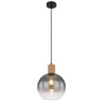 Corp de iluminat cu suspensie metal negru mat, MDF, imitație de lemn închis, sticlă fumurie, cablu textil negru, reglabil pe înălțime, ø: 250mm, I: 1200mm, fără bec 1x E27 40W 230V
