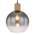 Corp de iluminat cu suspensie metal negru mat, MDF, imitație de lemn închis, sticlă fumurie, cablu textil negru, reglabil pe înălțime, ø: 250mm, I: 1200mm, fără bec 1x E27 40W 230V - imagine 5