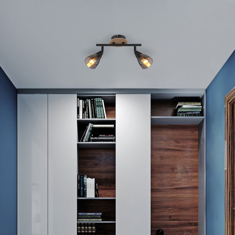 mubby-54311-2-g28418-6 Spot metal negru mat, lemn maro, sticlă fumurie, L x l x I: 255x100x195mm, fără 2x E14 25W 230V - imagine 1