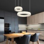 Lampă de suspendare din metal cromat, cristale K5, reglabil, mai multe niveluri prin intermediul comutatorului de perete, memorie, lumină de noapte,telecomandă,l x I: 500x1200mm,inel ø:50/30cm,LED 80W 230V, ieșire 563-4405lm , CCT 2700-6000K