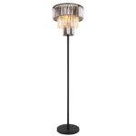 Lampă de podea din metal negru mat, cristale de sticlă de culoare fumurie, transparentă, cablu PVC negru, întrerupător cu pedală în cablu, ø: 400mm, H: 1600mm, lungime cablu 1800mm, fără 3x E27 40W 230V