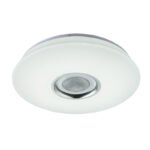 Plafoniera, plastic alb mat, strălucire, APP control, difuzoare cu 5W,bluetooth, CCT 3000-4500-6000K, dimabil,telecomandacontrol intensitate, culori fixabile,D:400,H:70, inclusiv 1xLED 18W 230V, 128-1280lm, 1xRGB LED 6W 230V.