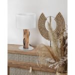 Lampă de masă lemn natural, metal, textil alb, întrerupător basculant pe cablu, lemn de eucalipt, crescut natural, ø: 180mm, H: 320mm, excl. 1x E14 40W 230V