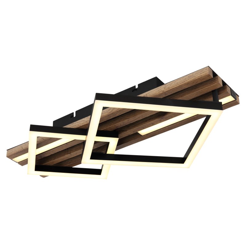 obrien-67344d1-g29550 Plafonieră, metal negru mat, MDF cu efect de lemn închis, plastic negru mat, plastic opal, mai multe niveluri prin comutator de perete, funcție de memorie, LxLxA: 475x310x95mm, incl. LED 25W 230V, sursă 2580lm, ieșire 1300lm, 3000K - imagine 1