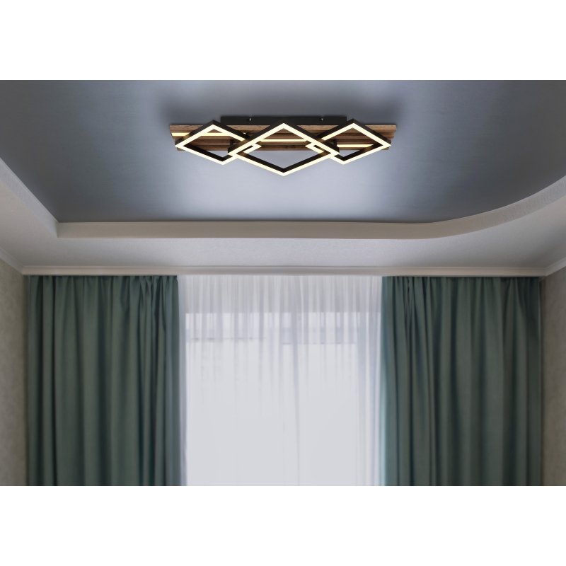 obrien-67344d2-g29551-6 Plafonieră metal negru mat, MDF aspect lemn închis, plastic negru mat, plastic opal, mai multe niveluri prin întrerupător de perete, funcție de memorie, LxLxA: 610x310x95mm, incl. LED 32W 230V, sursă 3300lm, ieșire 1590lm, 3000K - imagine 1