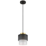Lampă suspendată metal negru mat, sticlă satinată, gradient transparent, metal de culoarea alamei, cablu textil negru, înălțimea poate fi scurtată, ø: 180mm, H: 1200mm, fără 1x E27 60W 230V - imagine 3