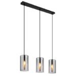 Lampă suspendată metal negru mat, sticlă fumurie, înălțimea poate fi redusă (lampă suspendată), L x l x I: 630x110x1200mm, excl. 3x E14 25W 230V