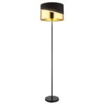 Lampa de podea metal negru mat, textil negru, plastic auriu, cablu PVC negru, comutator pedala in cablu, ø: 350mm, H: 1460mm, lungime cablu 1800mm, excl. 1x E27 60W 230V