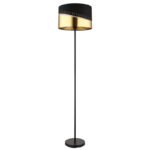 Lampa de podea metal negru mat, textil negru, plastic auriu, cablu PVC negru, comutator pedala in cablu, ø: 350mm, H: 1460mm, lungime cablu 1800mm, excl. 1x E27 60W 230V - imagine 3