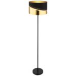 Lampa de podea metal negru mat, textil negru, plastic auriu, cablu PVC negru, comutator pedala in cablu, ø: 350mm, H: 1460mm, lungime cablu 1800mm, excl. 1x E27 60W 230V - imagine 4