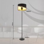 Lampa de podea metal negru mat, textil negru, plastic auriu, cablu PVC negru, comutator pedala in cablu, ø: 350mm, H: 1460mm, lungime cablu 1800mm, excl. 1x E27 60W 230V - imagine 6