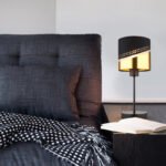 Lampă de masă metal negru mat, textil negru, plastic auriu, cablu PVC negru, comutator basculant pe cablu, ø: 160mm, H: 380mm, lungime cablu 1500mm, excl. 1x E27 40W 230V - imagine 2