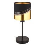 Lampă de masă metal negru mat, textil negru, plastic auriu, cablu PVC negru, comutator basculant pe cablu, ø: 160mm, H: 380mm, lungime cablu 1500mm, excl. 1x E27 40W 230V - imagine 3
