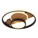 Plafonieră metalică cu aspect de lemn, aluminiu negru mat, acrilic satinat, silicon opal, ø: 345 mm, H: 60 mm, inclusiv LED 24 W 230 V, sursă 3000 lm, putere 1000 lm, 3000K
