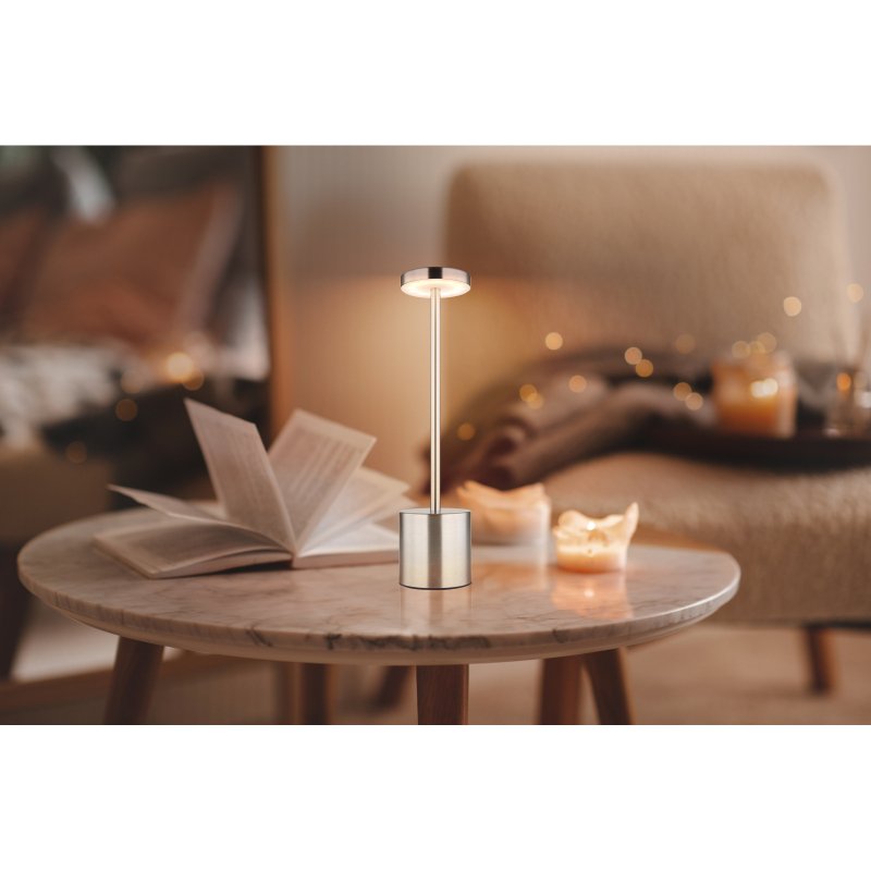polina-21019n-g28717-6 Lampa de masa metal nichel mat, plastic alb, touch on/off, dimmerabil, variator tactil continuu, USB-A 2.0 - USB-C, baterie inclusa CR18650 1200mAh 3.7V, ø:80mm H:340mm, lungime cablu 800mm, LED 1.2W 230V, sursa 197lm,iesire 138lm, CCT2000/7000/3500K - imagine 1