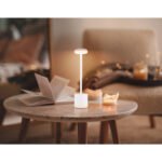 Lampa de masa metal alb mat, plastic alb, touch on/off, dimmerabil, variator tactil continuu, USB-A 2.0 - USB-C, baterie inclusa CR18650 1200mAh 3.7V, ø:80mm, H:340mm, lungime cablu 800mm, LED 1.2W 230V, sursa 197lm, iesire 138lm, CCT 2000/7000/3500K - imagine 2