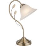 Veioza alamă antică, sticlă optic alabastru alb, cablu: 1.50m, switch, Lxlxh:270x190x420, excl 230V 1xE27 60W