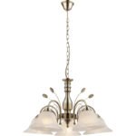 Candelabru alamă antică, sticlă optic alabastru alb, D: 600, H: 1000, excl 5xE27 60W 230V
