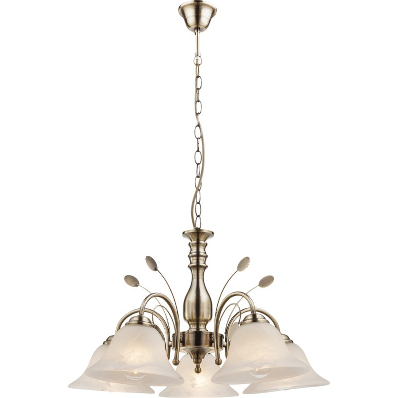 posadas-69007-5h-g18910 Candelabru alamă antică, sticlă optic alabastru alb, D: 600, H: 1000, excl 5xE27 60W 230V - imagine 1