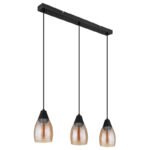 Lampă suspendată din metal negru mat, sticlă de culoare chihlimbar, cablu PVC negru, înălțimea poate fi scurtată (lampă suspendată), L x l x I: 550x100x1200mm, excl. 3x E27 15W 230V - imagine 4