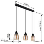 Lampă suspendată din metal negru mat, sticlă de culoare chihlimbar, cablu PVC negru, înălțimea poate fi scurtată (lampă suspendată), L x l x I: 550x100x1200mm, excl. 3x E27 15W 230V - imagine 6