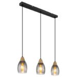 Corp de iluminat suspendat metal negru mat, sticlă fumurie, imitație de lemn închis, cablu PVC negru, reglaj înălțime, L x l x I: 550x100x1200mm, fără becuri 3xE27 15W 230V